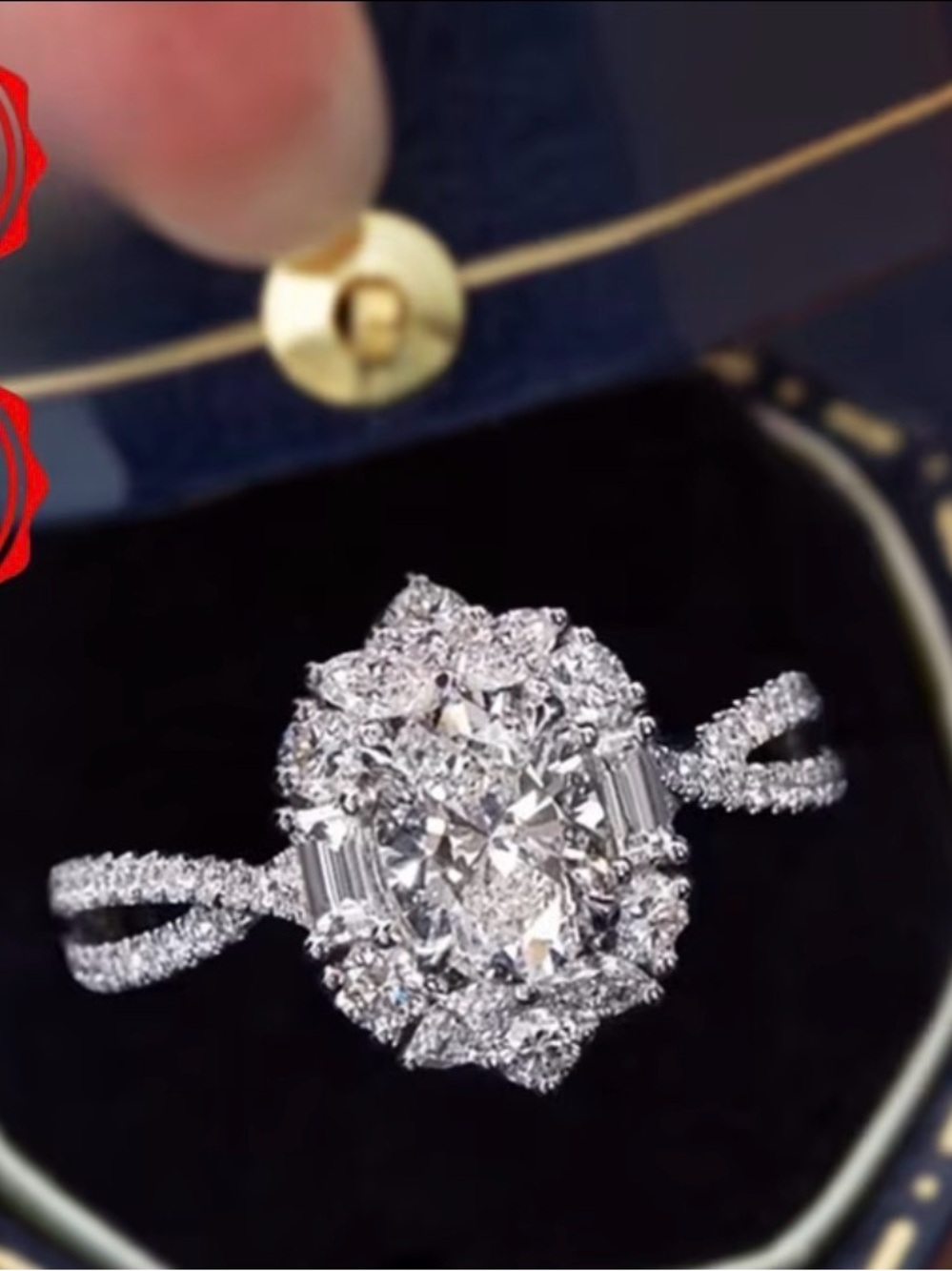 Sterling Silver Oval Halo Diamond Engagement Ring - Size 8 NWT